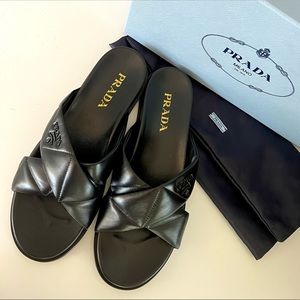 Prada Logo Cross Strap Slide Sandals Black
